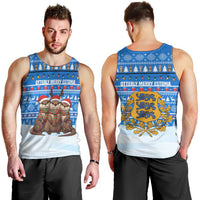 Estonia Christmas Men Tank Top with Santa Otters Lights Snowflakes and National Emblem on Blue Pattern - Wonder Print Shop