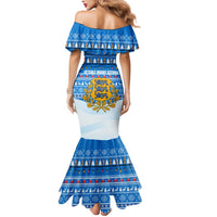 Estonia Christmas Mermaid Dress with Santa Otters Lights Snowflakes and National Emblem on Blue Pattern - Wonder Print Shop