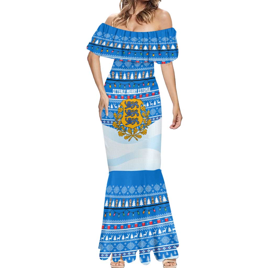 Estonia Christmas Mermaid Dress with Santa Otters Lights Snowflakes and National Emblem on Blue Pattern - Wonder Print Shop