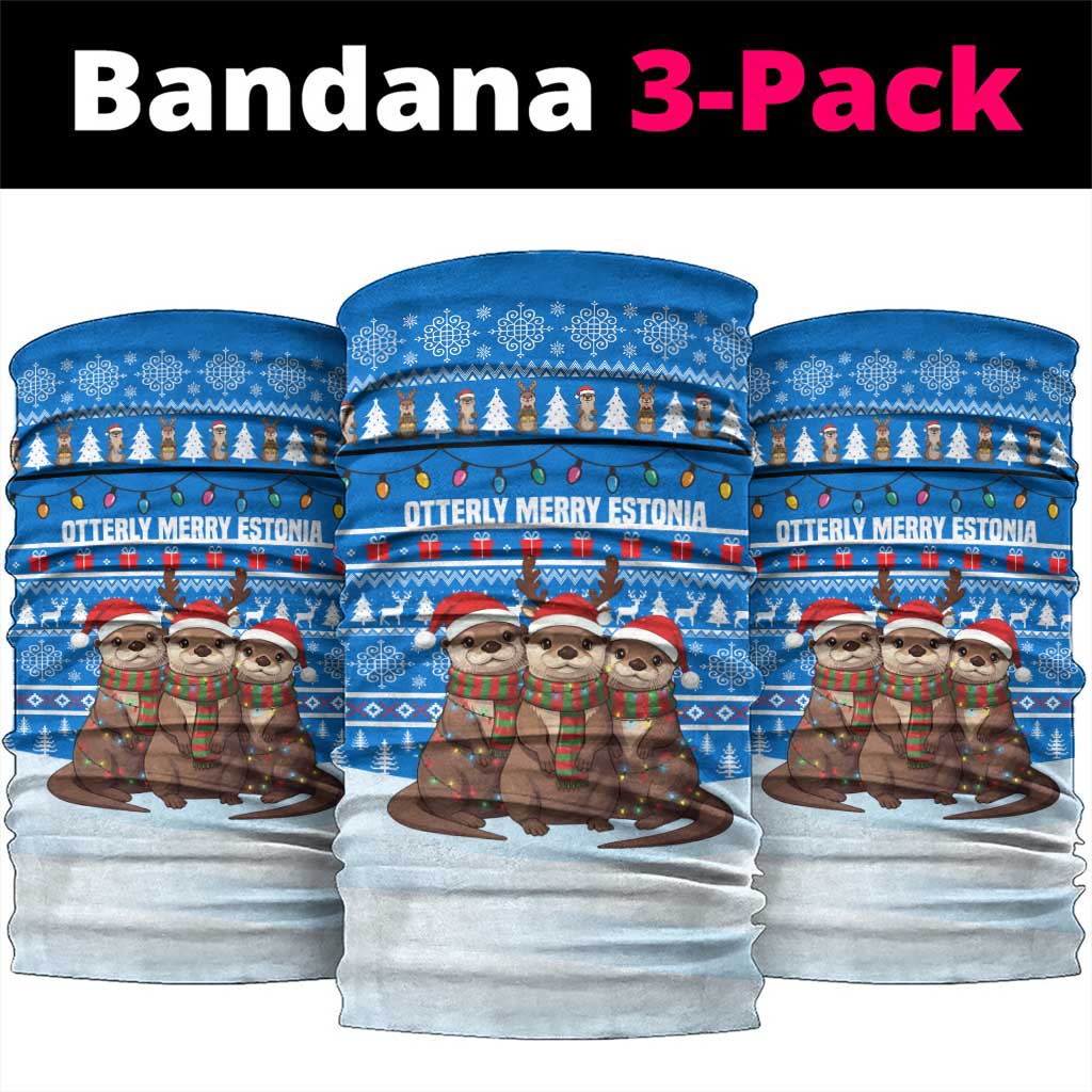 Estonia Christmas Neck Gaiter with Santa Otters Lights Snowflakes and National Emblem on Blue Pattern - Wonder Print Shop