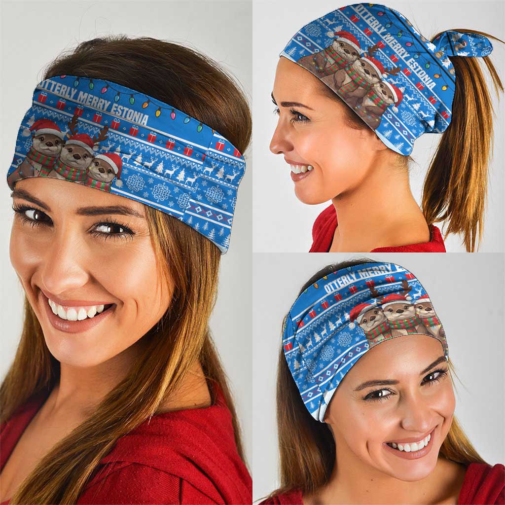 Estonia Christmas Neck Gaiter with Santa Otters Lights Snowflakes and National Emblem on Blue Pattern - Wonder Print Shop