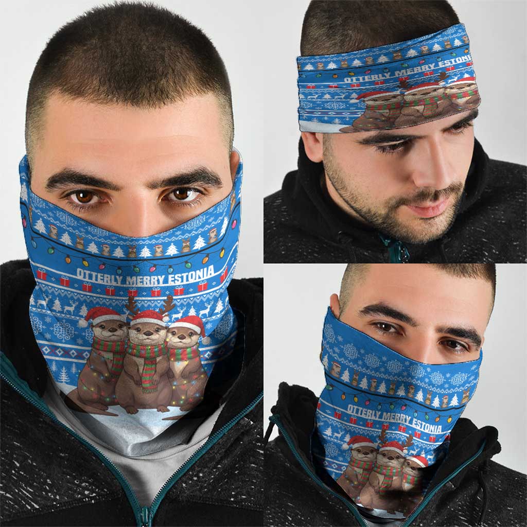 Estonia Christmas Neck Gaiter with Santa Otters Lights Snowflakes and National Emblem on Blue Pattern - Wonder Print Shop