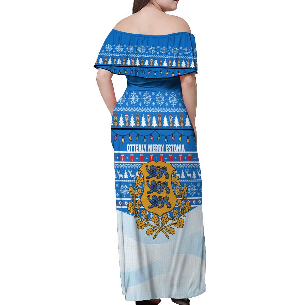 Estonia Christmas Off Shoulder Maxi Dress with Santa Otters Lights Snowflakes and National Emblem on Blue Pattern - Wonder Print Shop