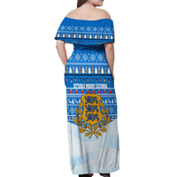 Estonia Christmas Off Shoulder Maxi Dress with Santa Otters Lights Snowflakes and National Emblem on Blue Pattern - Wonder Print Shop