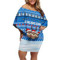 Estonia Christmas Off Shoulder Short Dress with Santa Otters Lights Snowflakes and National Emblem on Blue Pattern - Wonder Print Shop