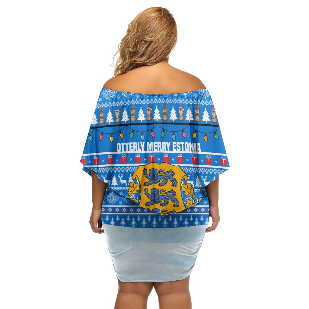 Estonia Christmas Off Shoulder Short Dress with Santa Otters Lights Snowflakes and National Emblem on Blue Pattern - Wonder Print Shop