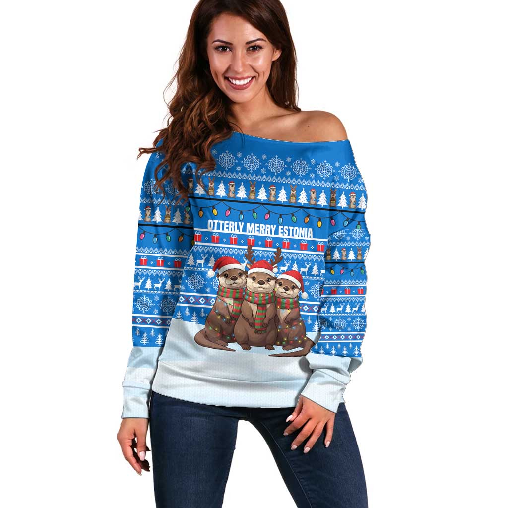 Estonia Christmas Off Shoulder Sweater with Santa Otters Lights Snowflakes and National Emblem on Blue Pattern - Wonder Print Shop
