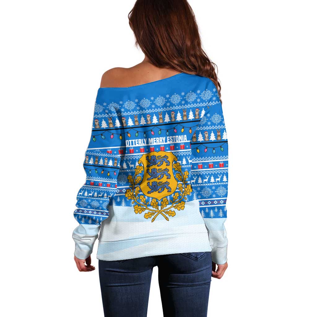 Estonia Christmas Off Shoulder Sweater with Santa Otters Lights Snowflakes and National Emblem on Blue Pattern - Wonder Print Shop