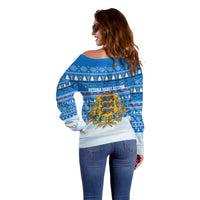 Estonia Christmas Off Shoulder Sweater with Santa Otters Lights Snowflakes and National Emblem on Blue Pattern - Wonder Print Shop