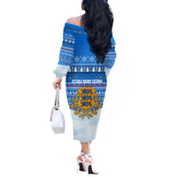 Estonia Christmas Off The Shoulder Long Sleeve Dress with Santa Otters Lights Snowflakes and National Emblem on Blue Pattern - Wonder Print Shop