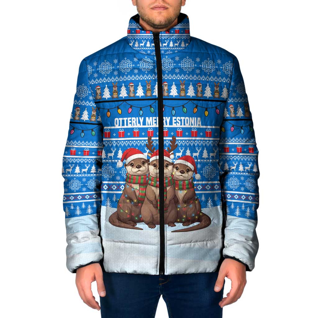 Estonia Christmas Padded Jacket with Santa Otters Lights Snowflakes and National Emblem on Blue Pattern - Wonder Print Shop