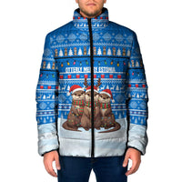 Estonia Christmas Padded Jacket with Santa Otters Lights Snowflakes and National Emblem on Blue Pattern - Wonder Print Shop