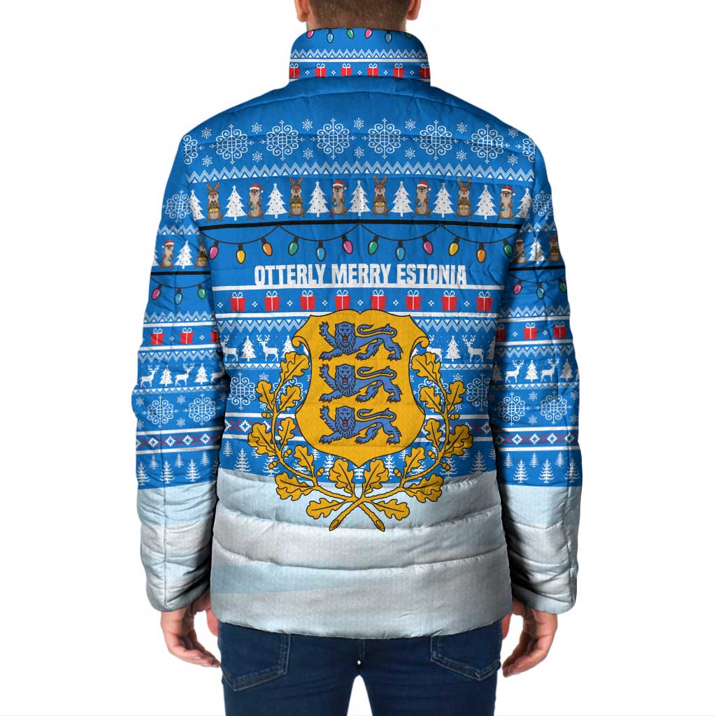 Estonia Christmas Padded Jacket with Santa Otters Lights Snowflakes and National Emblem on Blue Pattern - Wonder Print Shop