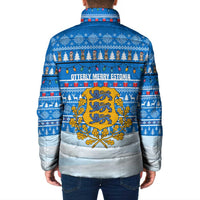 Estonia Christmas Padded Jacket with Santa Otters Lights Snowflakes and National Emblem on Blue Pattern - Wonder Print Shop