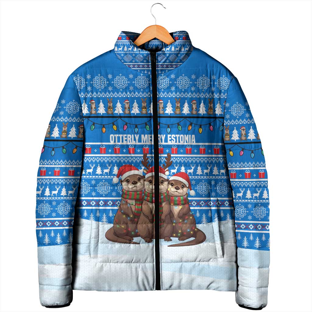 Estonia Christmas Padded Jacket with Santa Otters Lights Snowflakes and National Emblem on Blue Pattern - Wonder Print Shop