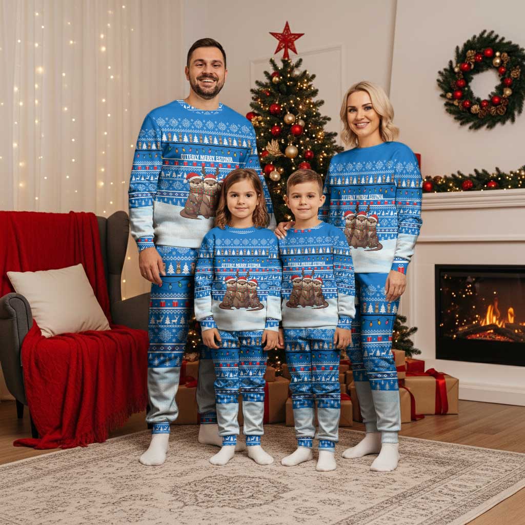 Estonia Christmas Pajama Set with Santa Otters Lights Snowflakes and National Emblem on Blue Pattern - Wonder Print Shop