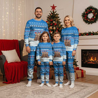 Estonia Christmas Pajama Set with Santa Otters Lights Snowflakes and National Emblem on Blue Pattern - Wonder Print Shop