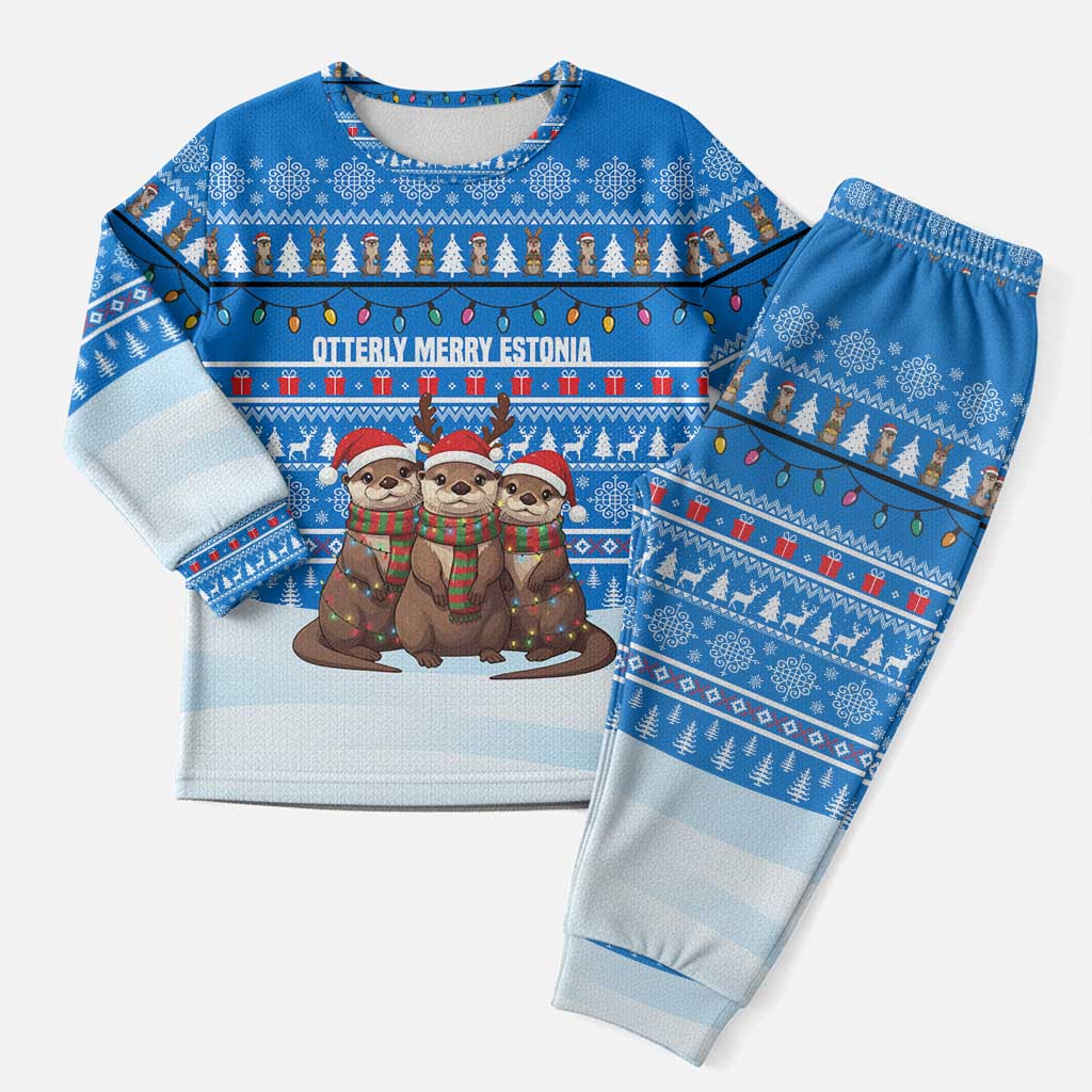 Estonia Christmas Pajama Set with Santa Otters Lights Snowflakes and National Emblem on Blue Pattern - Wonder Print Shop
