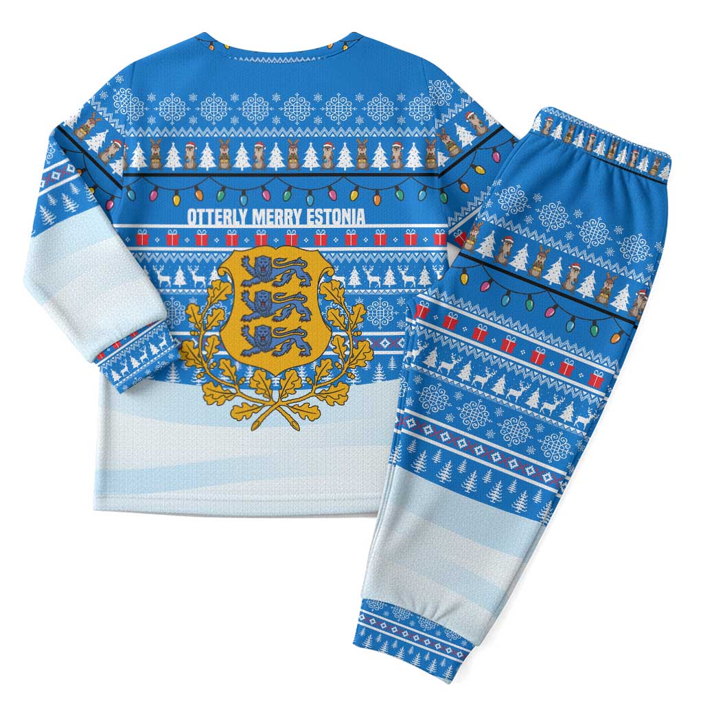 Estonia Christmas Pajama Set with Santa Otters Lights Snowflakes and National Emblem on Blue Pattern - Wonder Print Shop