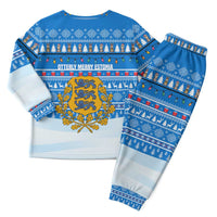 Estonia Christmas Pajama Set with Santa Otters Lights Snowflakes and National Emblem on Blue Pattern - Wonder Print Shop