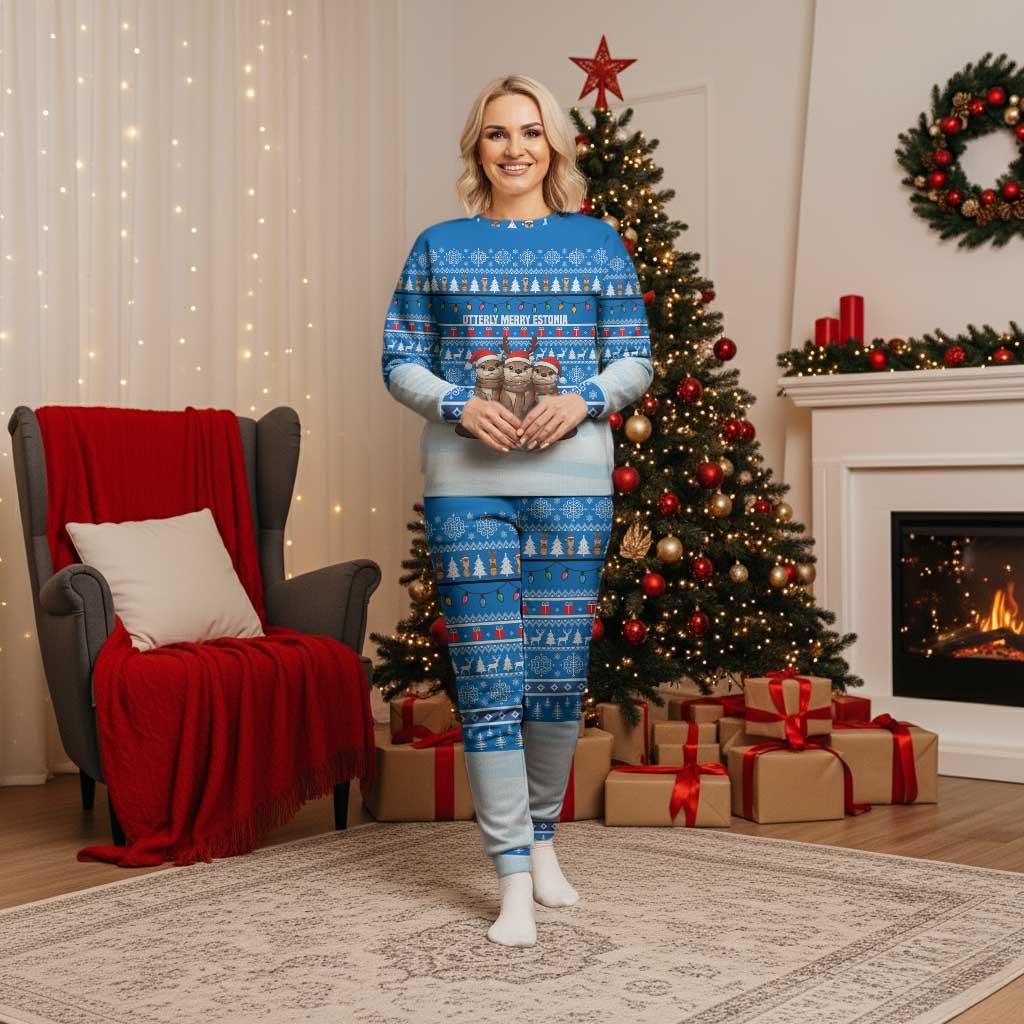 Estonia Christmas Pajama Set with Santa Otters Lights Snowflakes and National Emblem on Blue Pattern - Wonder Print Shop