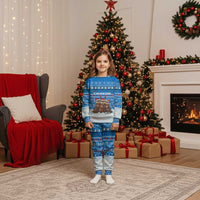 Estonia Christmas Pajama Set with Santa Otters Lights Snowflakes and National Emblem on Blue Pattern - Wonder Print Shop