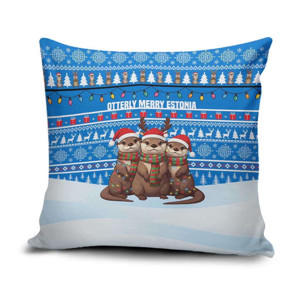 Estonia Christmas Pillow Cover with Santa Otters Lights Snowflakes and National Emblem on Blue Pattern - Wonder Print Shop
