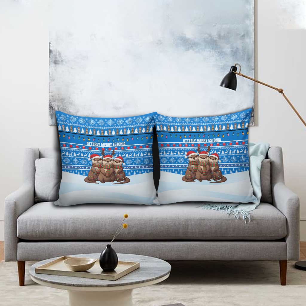 Estonia Christmas Pillow Cover with Santa Otters Lights Snowflakes and National Emblem on Blue Pattern - Wonder Print Shop