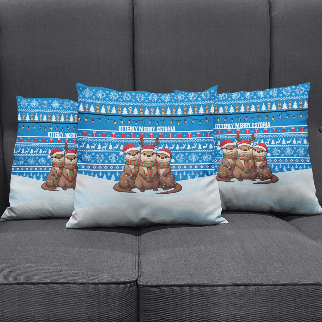 Estonia Christmas Pillow Cover with Santa Otters Lights Snowflakes and National Emblem on Blue Pattern - Wonder Print Shop