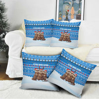 Estonia Christmas Pillow Cover with Santa Otters Lights Snowflakes and National Emblem on Blue Pattern - Wonder Print Shop