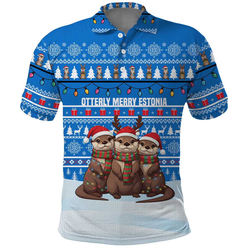 Estonia Christmas Polo Shirt with Santa Otters Lights Snowflakes and National Emblem on Blue Pattern - Wonder Print Shop
