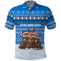 Estonia Christmas Polo Shirt with Santa Otters Lights Snowflakes and National Emblem on Blue Pattern - Wonder Print Shop