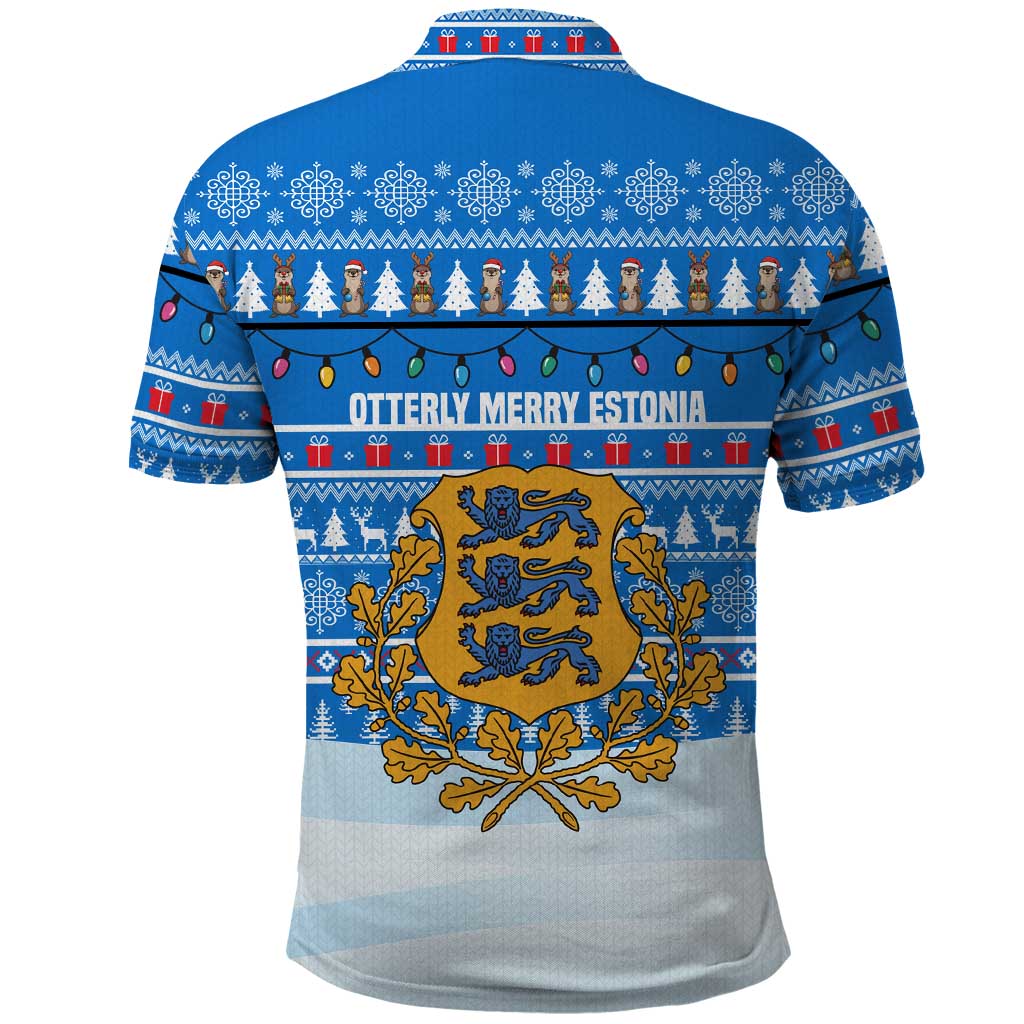 Estonia Christmas Polo Shirt with Santa Otters Lights Snowflakes and National Emblem on Blue Pattern - Wonder Print Shop