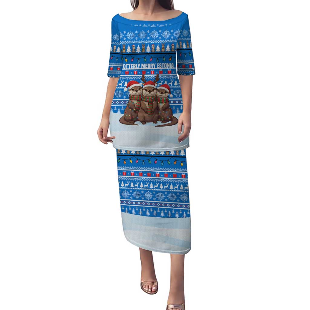 Estonia Christmas Puletasi with Santa Otters Lights Snowflakes and National Emblem on Blue Pattern - Wonder Print Shop