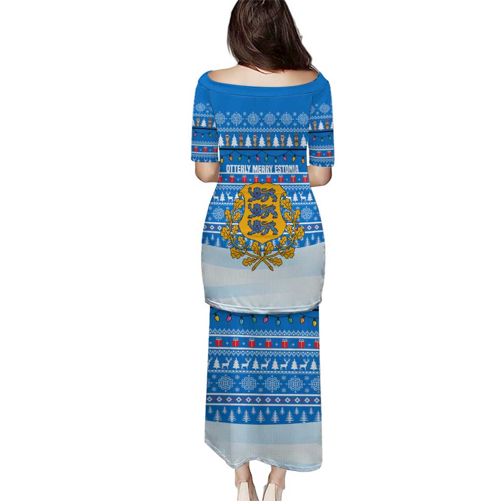 Estonia Christmas Puletasi with Santa Otters Lights Snowflakes and National Emblem on Blue Pattern - Wonder Print Shop