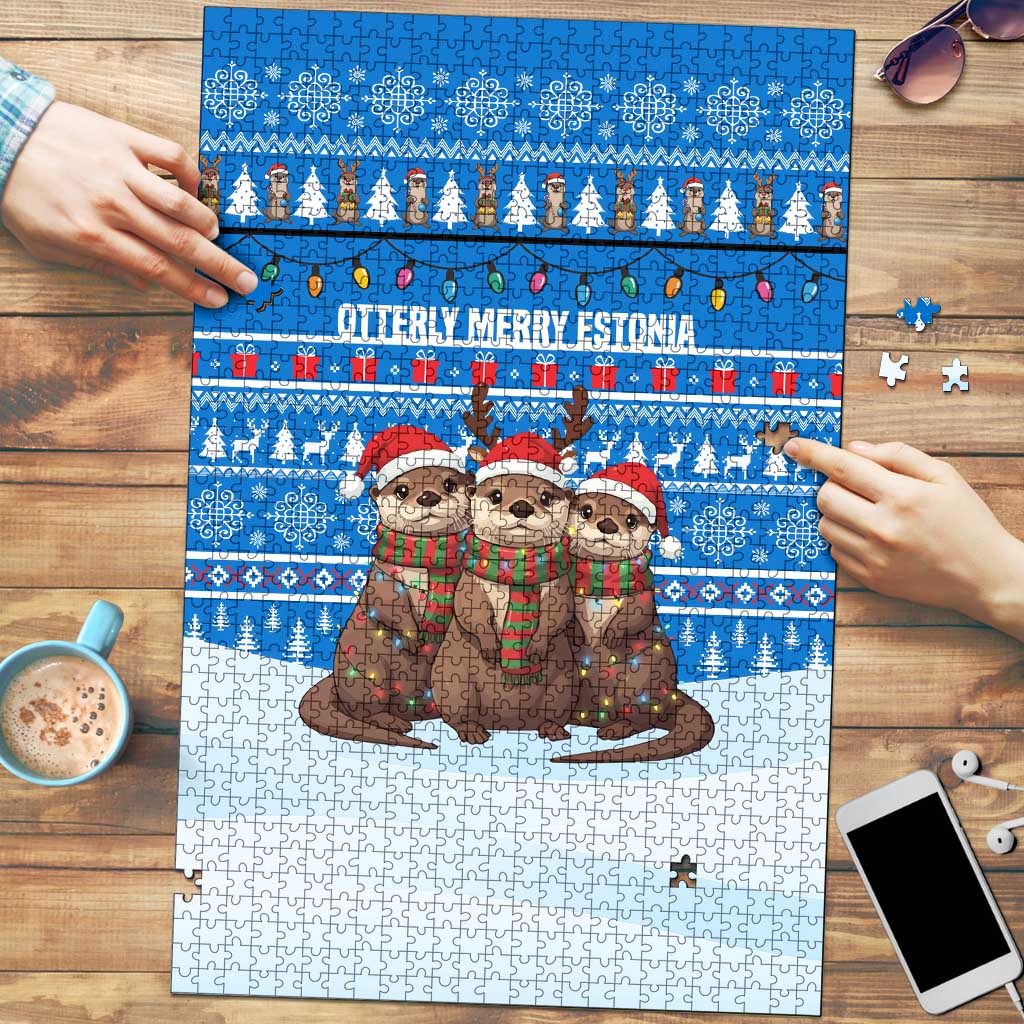 Estonia Christmas Puzzle with Santa Otters Lights Snowflakes and National Emblem on Blue Pattern - Wonder Print Shop