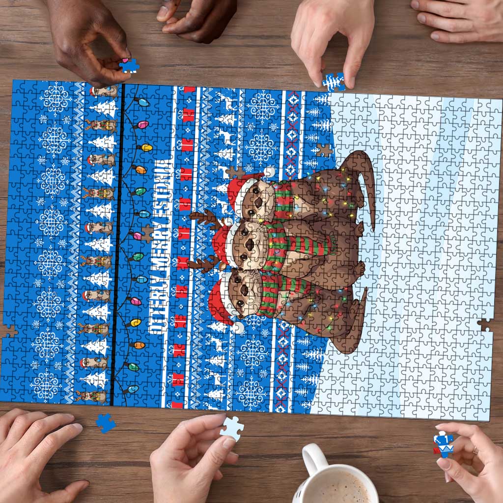Estonia Christmas Puzzle with Santa Otters Lights Snowflakes and National Emblem on Blue Pattern - Wonder Print Shop