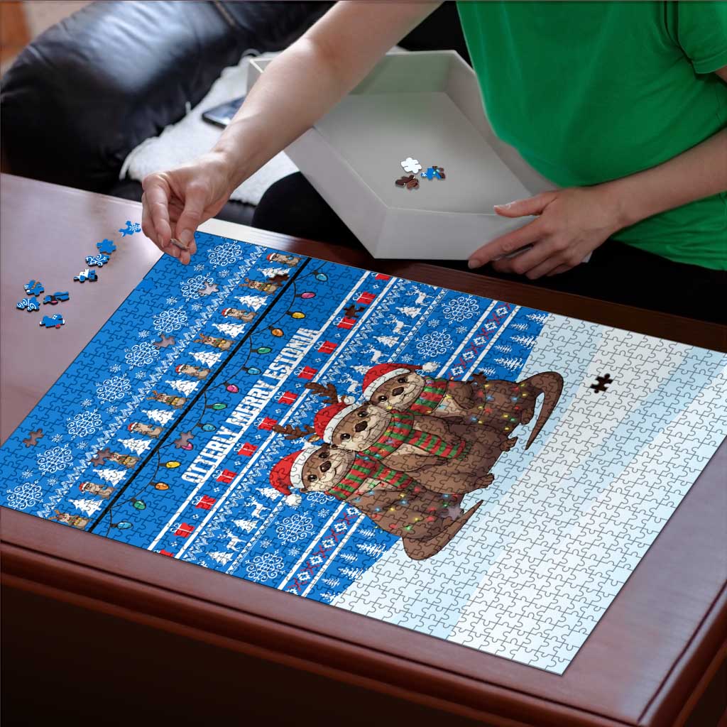 Estonia Christmas Puzzle with Santa Otters Lights Snowflakes and National Emblem on Blue Pattern - Wonder Print Shop