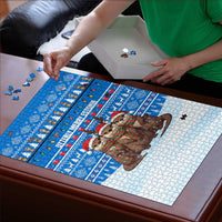 Estonia Christmas Puzzle with Santa Otters Lights Snowflakes and National Emblem on Blue Pattern - Wonder Print Shop