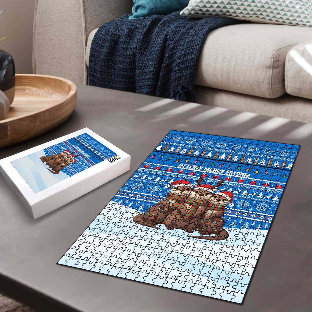 Estonia Christmas Puzzle with Santa Otters Lights Snowflakes and National Emblem on Blue Pattern - Wonder Print Shop