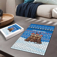 Estonia Christmas Puzzle with Santa Otters Lights Snowflakes and National Emblem on Blue Pattern - Wonder Print Shop