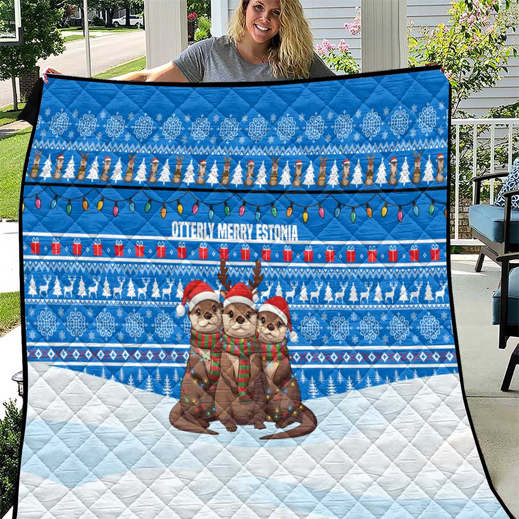 Estonia Christmas Quilt with Santa Otters Lights Snowflakes and National Emblem on Blue Pattern - Wonder Print Shop