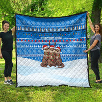 Estonia Christmas Quilt with Santa Otters Lights Snowflakes and National Emblem on Blue Pattern - Wonder Print Shop