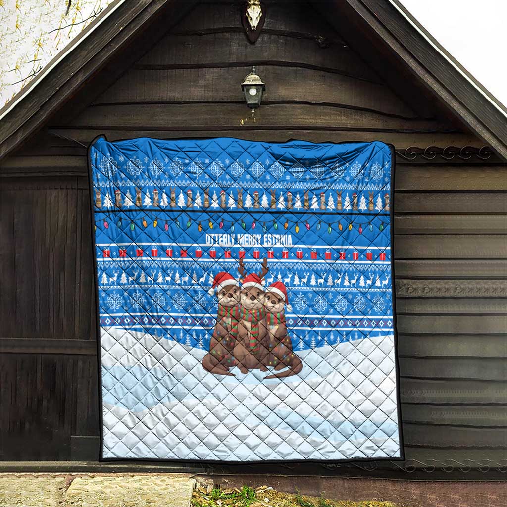 Estonia Christmas Quilt with Santa Otters Lights Snowflakes and National Emblem on Blue Pattern - Wonder Print Shop