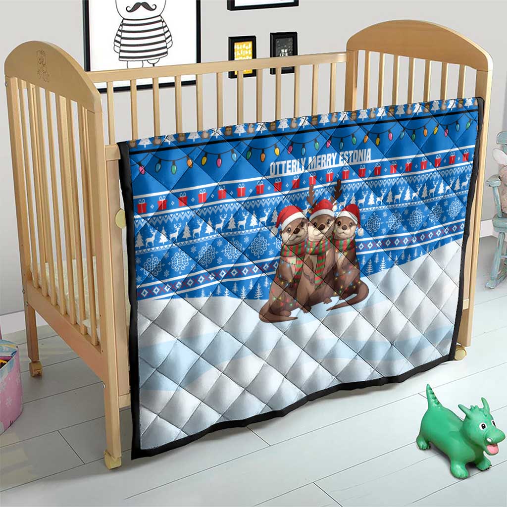 Estonia Christmas Quilt with Santa Otters Lights Snowflakes and National Emblem on Blue Pattern - Wonder Print Shop