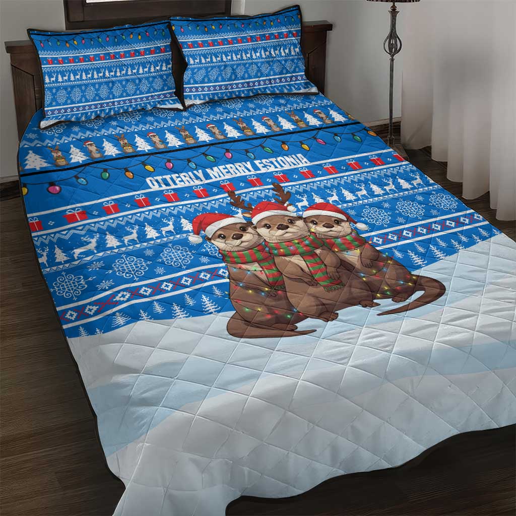 Estonia Christmas Quilt Bed Set with Santa Otters Lights Snowflakes and National Emblem on Blue Pattern - Wonder Print Shop