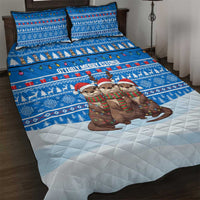 Estonia Christmas Quilt Bed Set with Santa Otters Lights Snowflakes and National Emblem on Blue Pattern - Wonder Print Shop