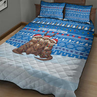Estonia Christmas Quilt Bed Set with Santa Otters Lights Snowflakes and National Emblem on Blue Pattern - Wonder Print Shop