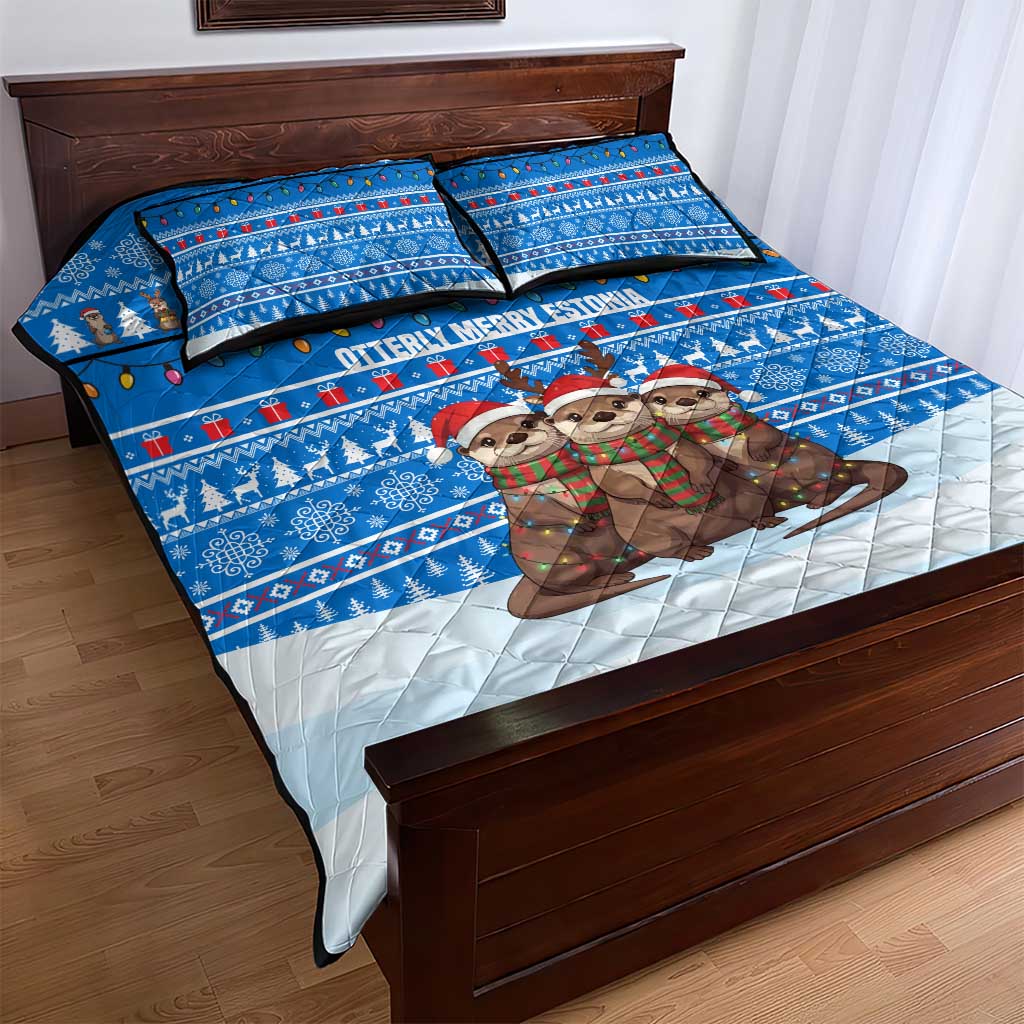 Estonia Christmas Quilt Bed Set with Santa Otters Lights Snowflakes and National Emblem on Blue Pattern - Wonder Print Shop