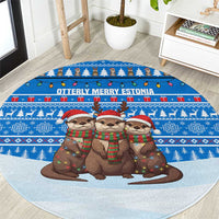 Estonia Christmas Round Carpet with Santa Otters Lights Snowflakes and National Emblem on Blue Pattern - Wonder Print Shop